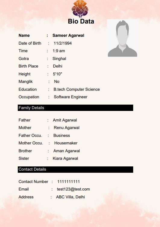 Marriage biodata for boy